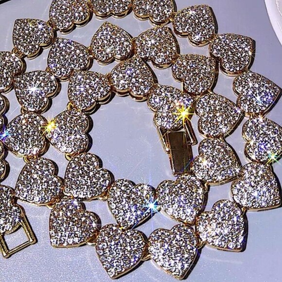 Gold Plated Heart Crystal Necklace Paved, Ice Out, Bling, Choker - Picture 6 of 14